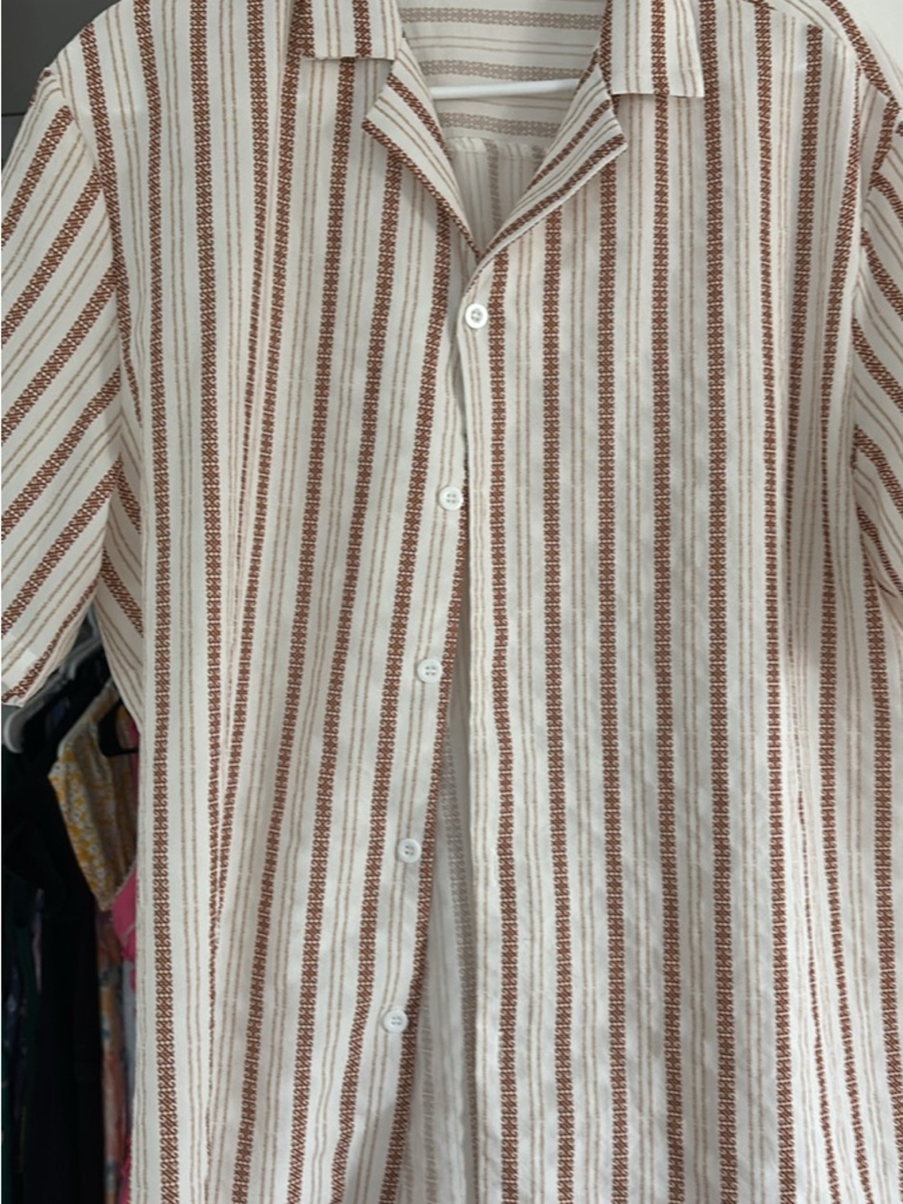 Men's Tan & White Striped Casual Button-Down Shirt